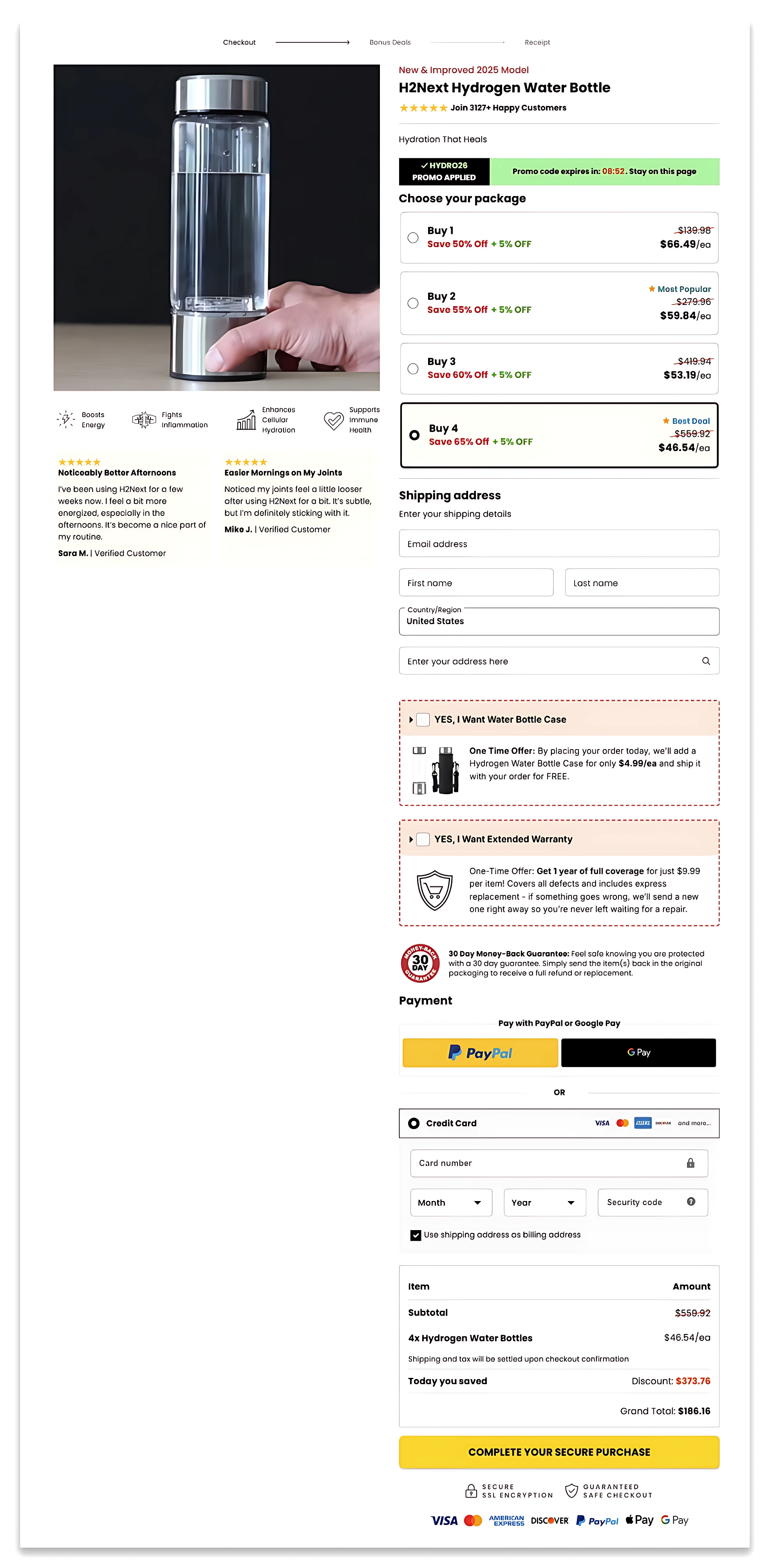 H2Next Hydrogen Water Bottle checkout page